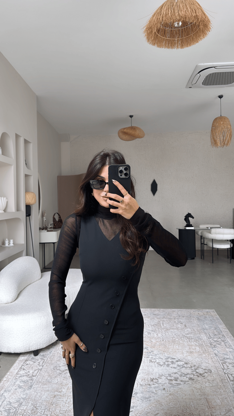 Transparan Bluz Ve Krep Elbise İkili Premium Takım