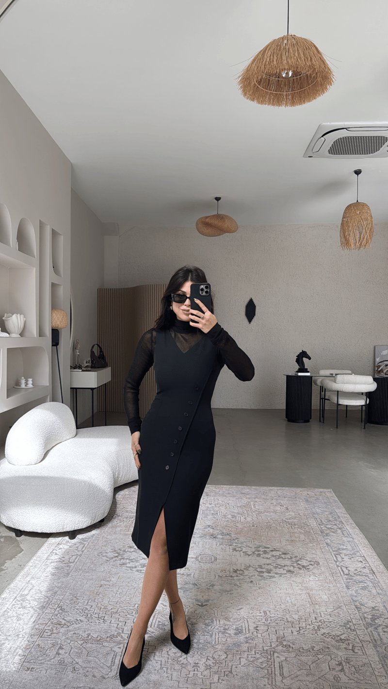 Transparan Bluz Ve Krep Elbise İkili Premium Takım