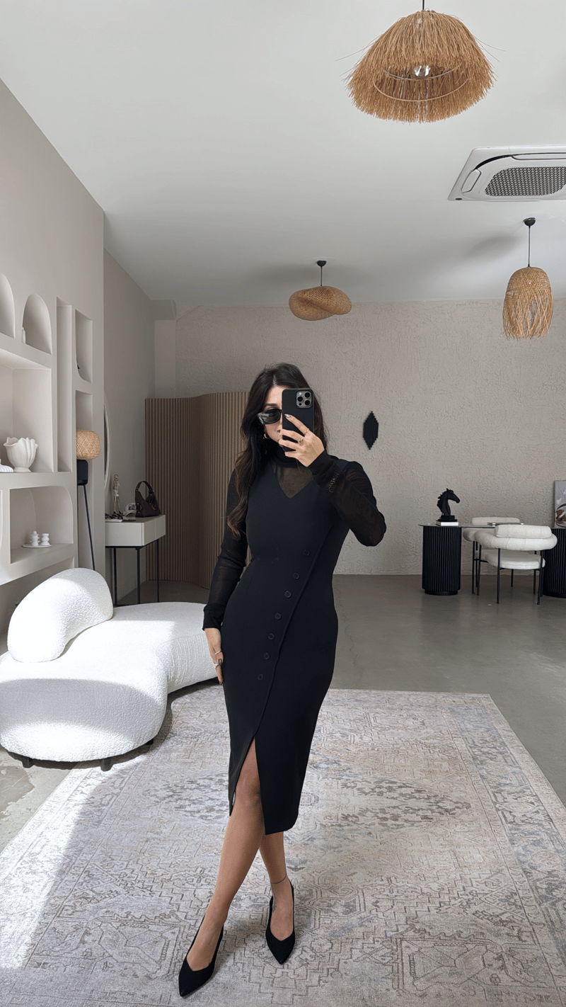 Transparan Bluz Ve Krep Elbise İkili Premium Takım