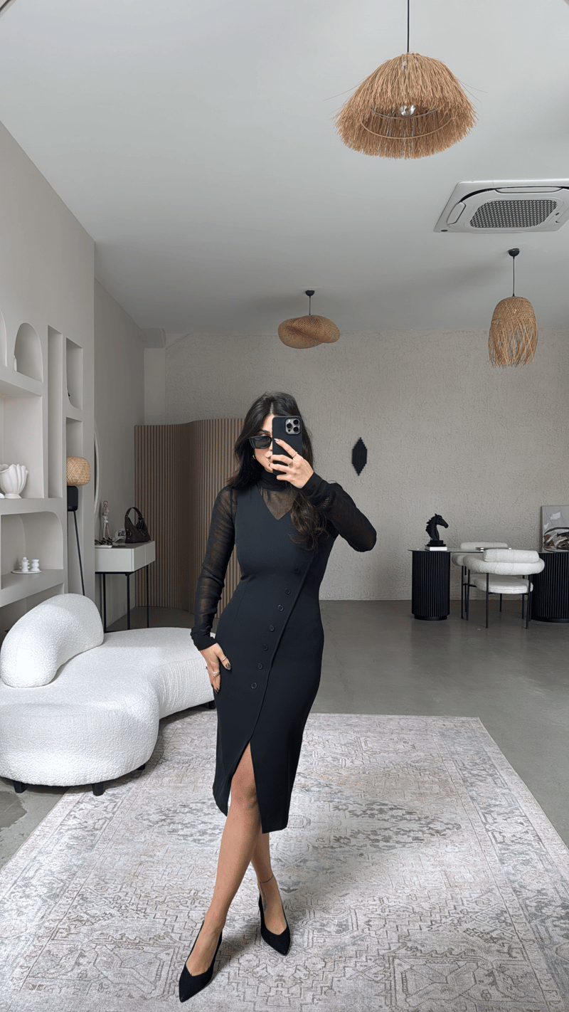 Transparan Bluz Ve Krep Elbise İkili Premium Takım