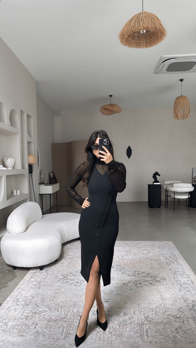 Transparan Bluz Ve Krep Elbise İkili Premium Takım