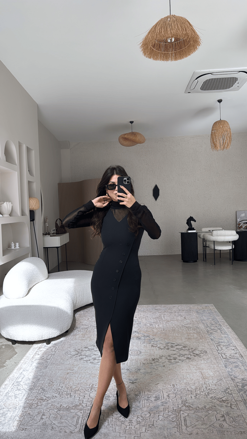 Transparan Bluz Ve Krep Elbise İkili Premium Takım