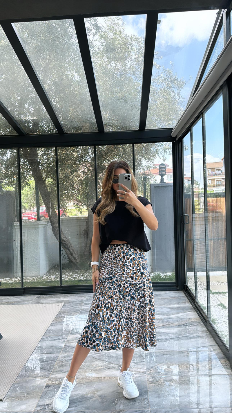Turkuaz Leoparlı Tok Kumaş Etek