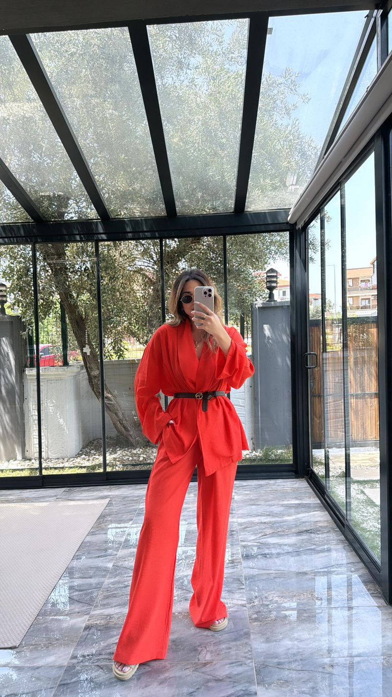 Turuncu Şal Yaka Kimono Takım