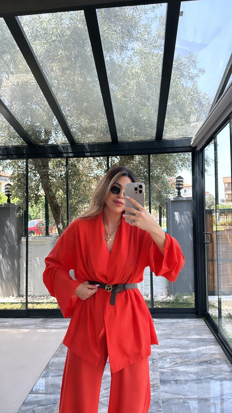 Turuncu Şal Yaka Kimono Takım