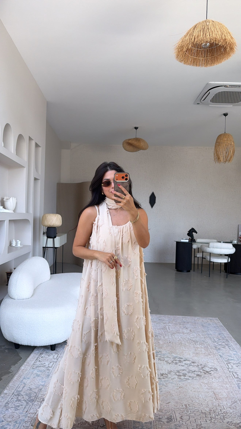 Vanilya Püskül Kumaşlı Premium Asansör Askılı Elbise