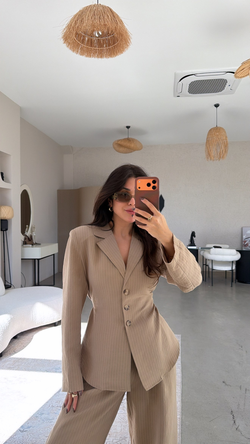 Vizon Çizgili Dökümlü Ceket Pantolon Takım