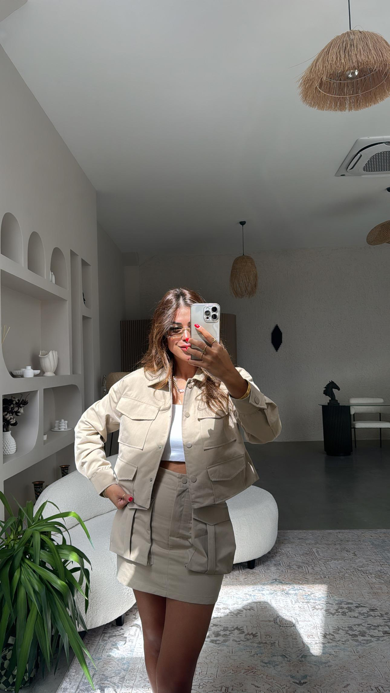 Vizon Gabardin Safari Cepli Etek Ceket Takım