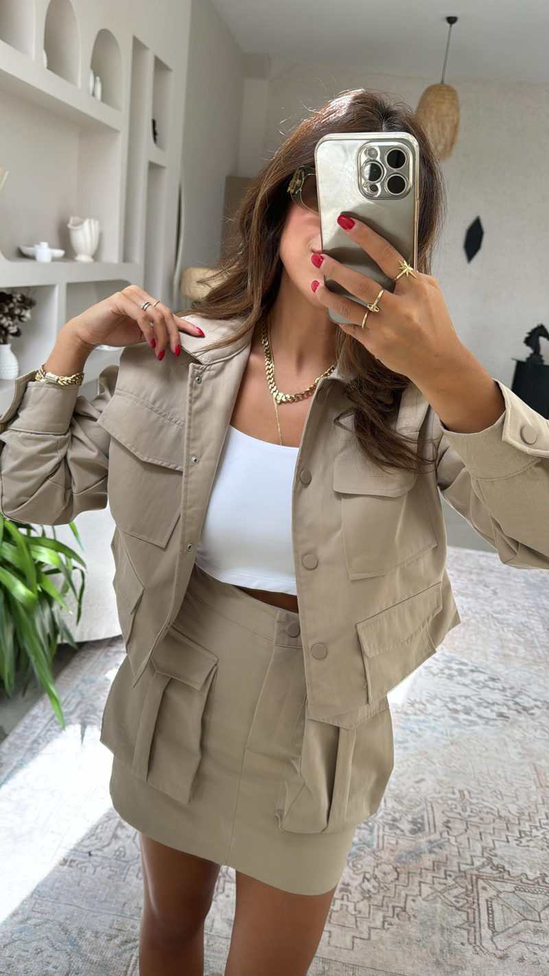 Vizon Gabardin Safari Cepli Etek Ceket Takım