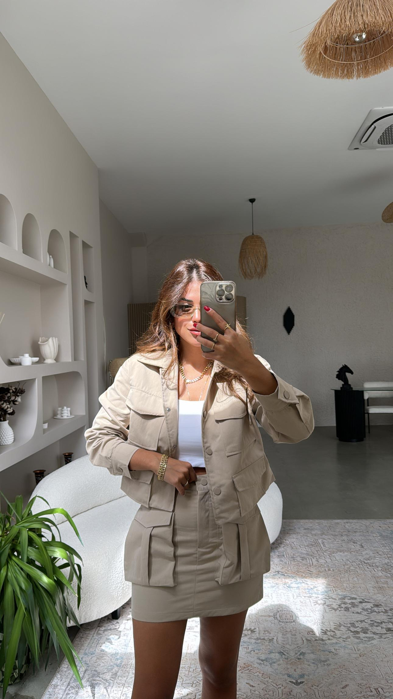 Vizon Gabardin Safari Cepli Etek Ceket Takım