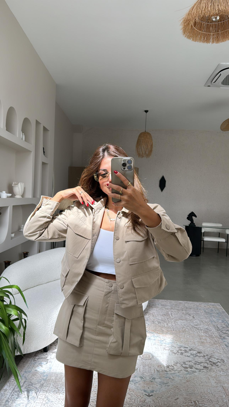 Vizon Gabardin Safari Cepli Etek Ceket Takım