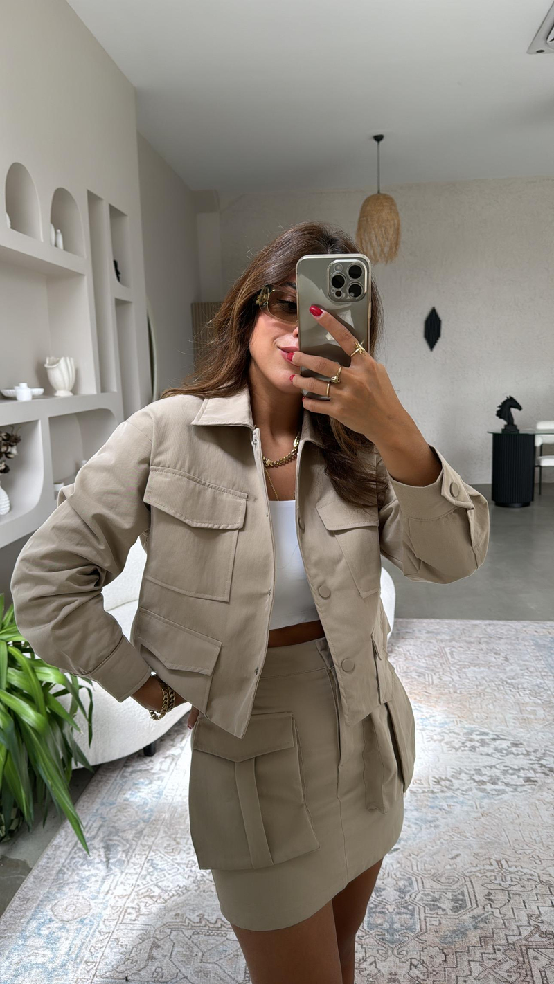Vizon Gabardin Safari Cepli Etek Ceket Takım