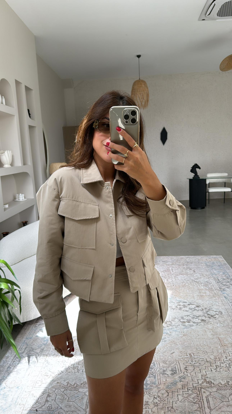 Vizon Gabardin Safari Cepli Etek Ceket Takım