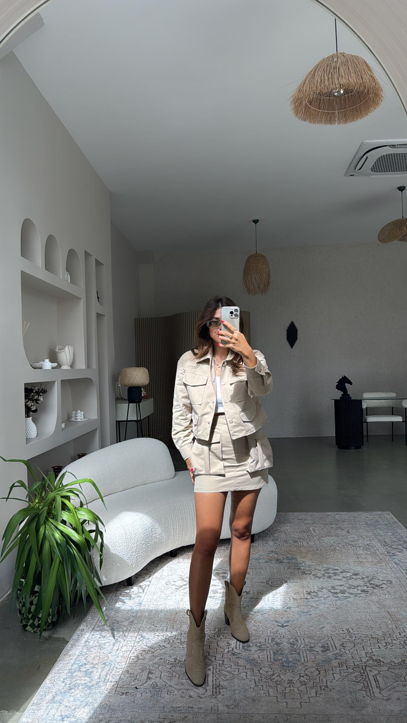 Vizon Gabardin Safari Cepli Etek Ceket Takım