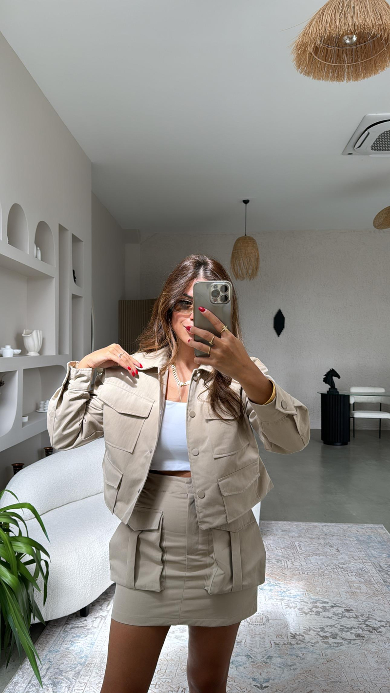Vizon Gabardin Safari Cepli Etek Ceket Takım
