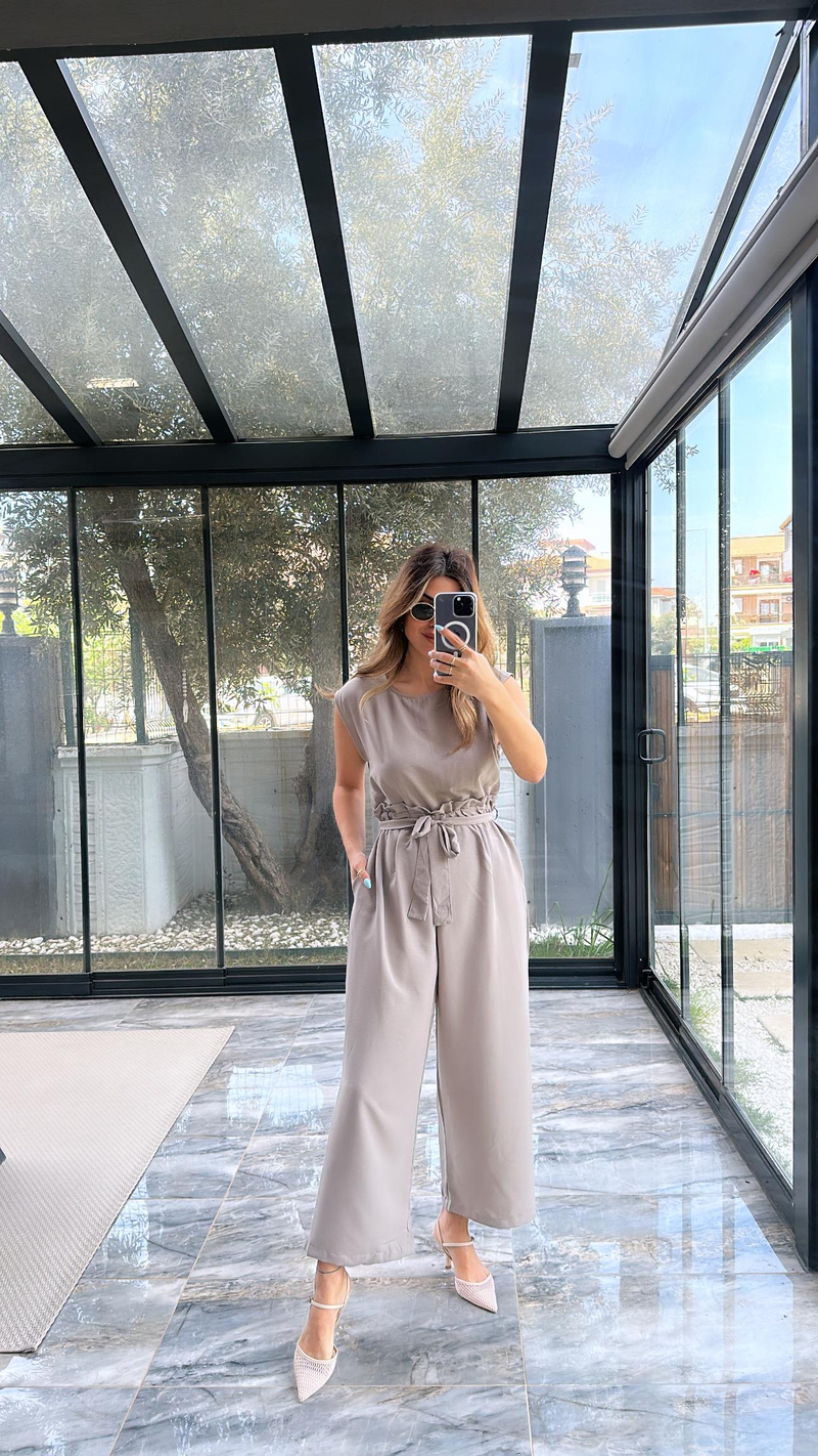 Vizon İpek Kumaş Beli Kuşaklı Tulum