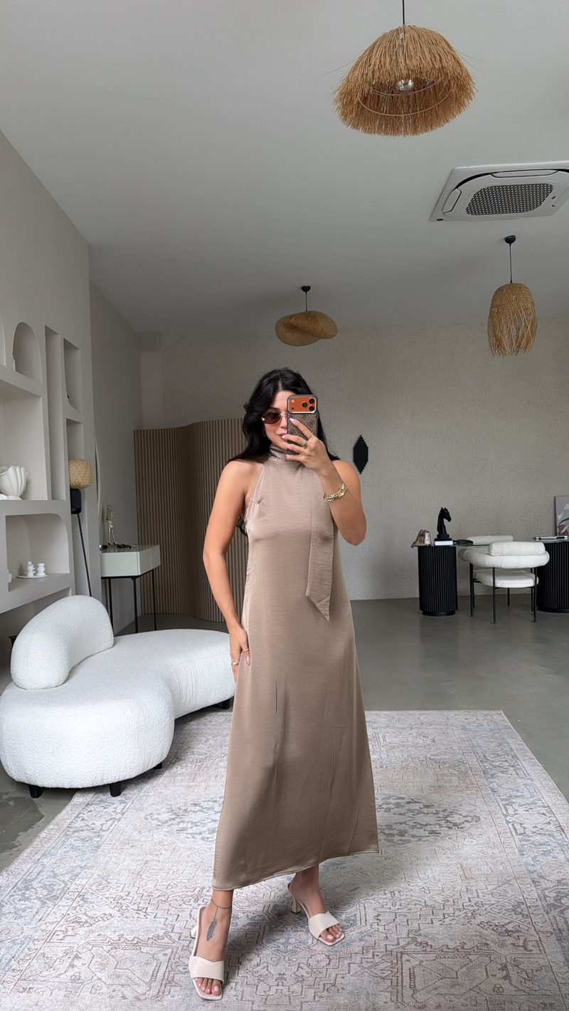 Vizon Tok Saten Boyun Bağlamalı Premium Elbise
