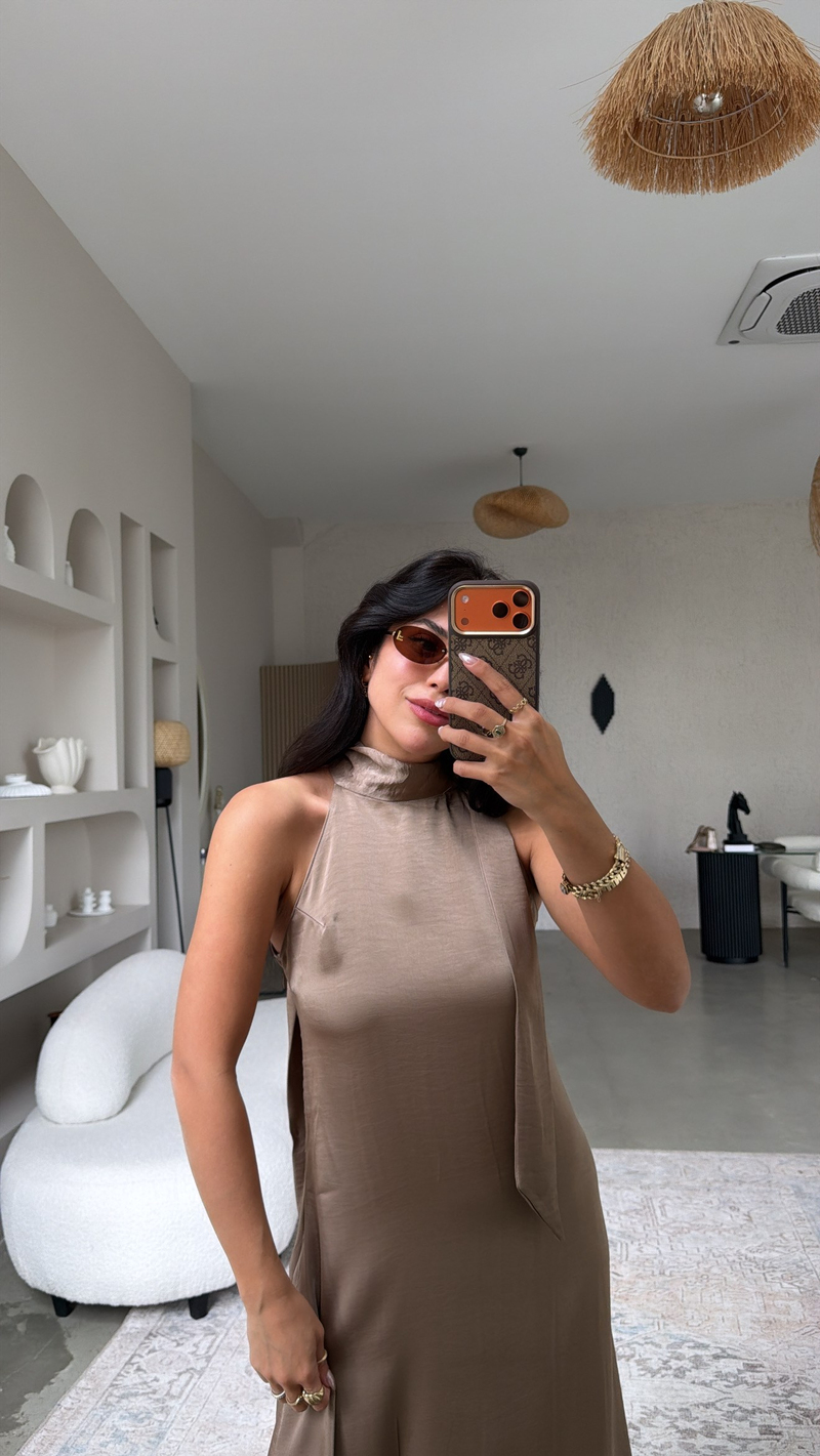 Vizon Tok Saten Boyun Bağlamalı Premium Elbise