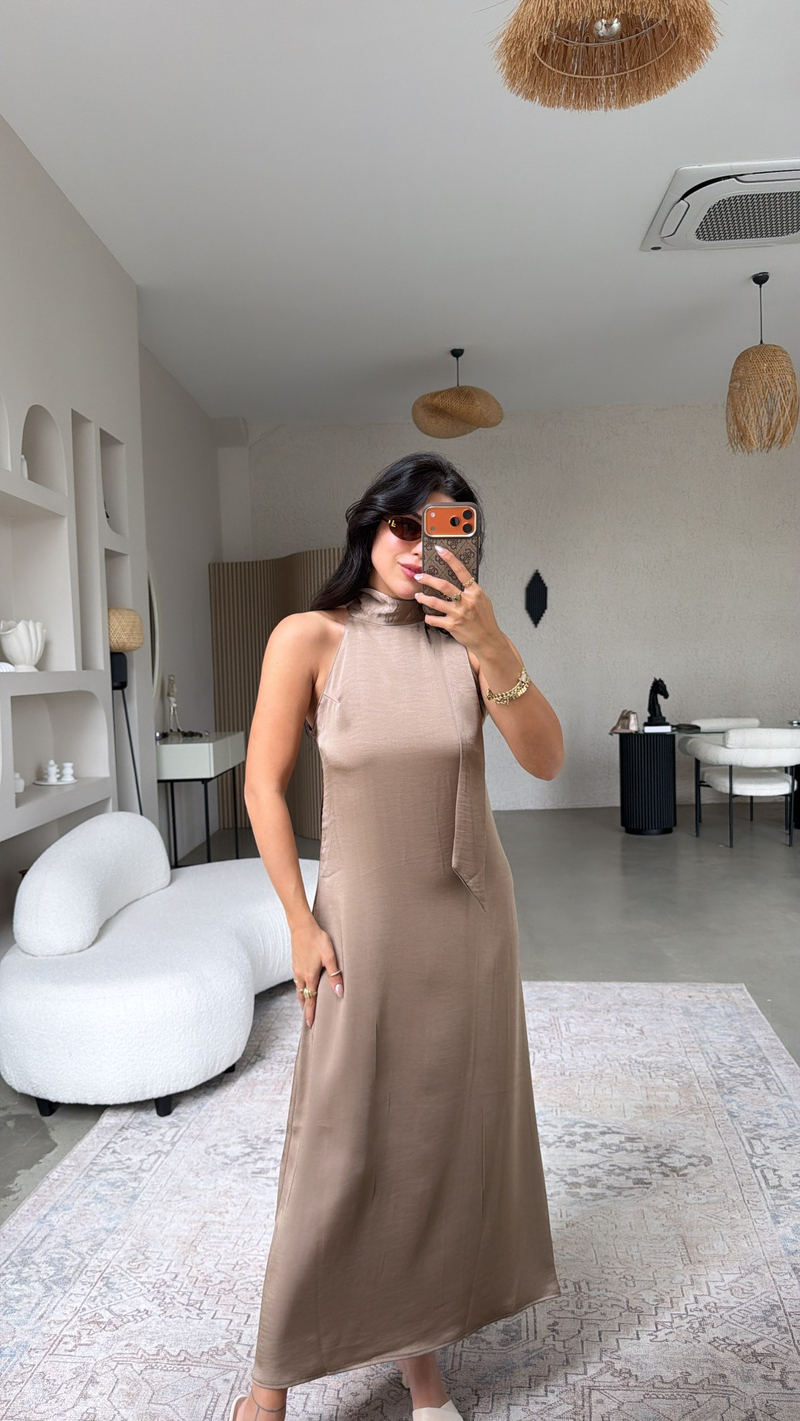 Vizon Tok Saten Boyun Bağlamalı Premium Elbise