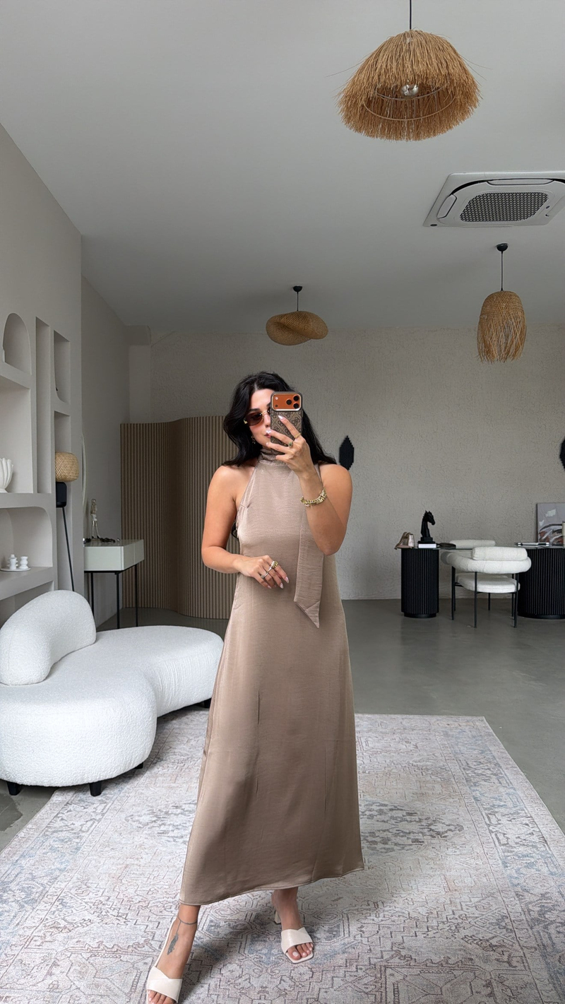 Vizon Tok Saten Boyun Bağlamalı Premium Elbise