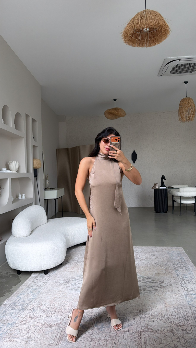 Vizon Tok Saten Boyun Bağlamalı Premium Elbise