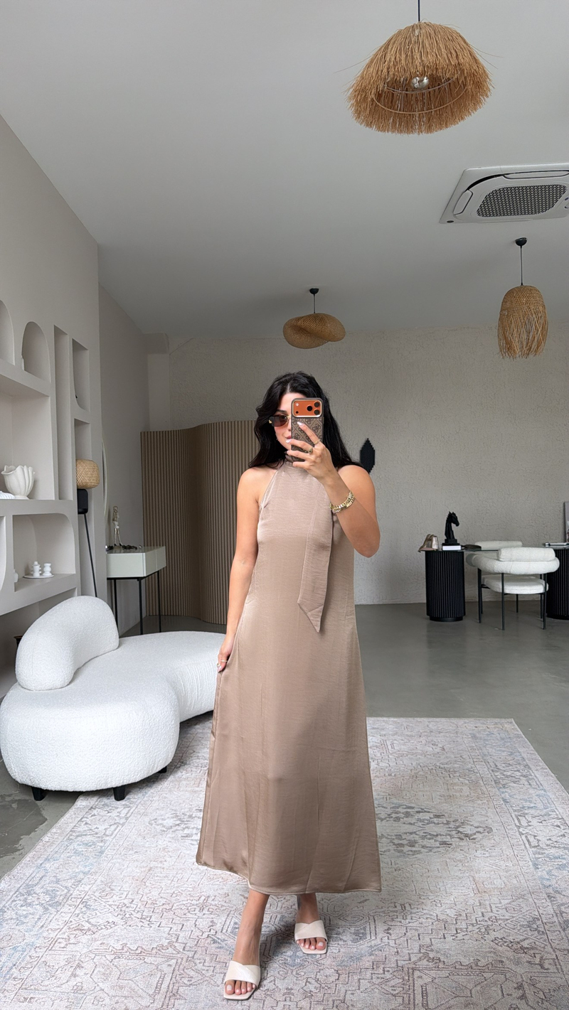 Vizon Tok Saten Boyun Bağlamalı Premium Elbise