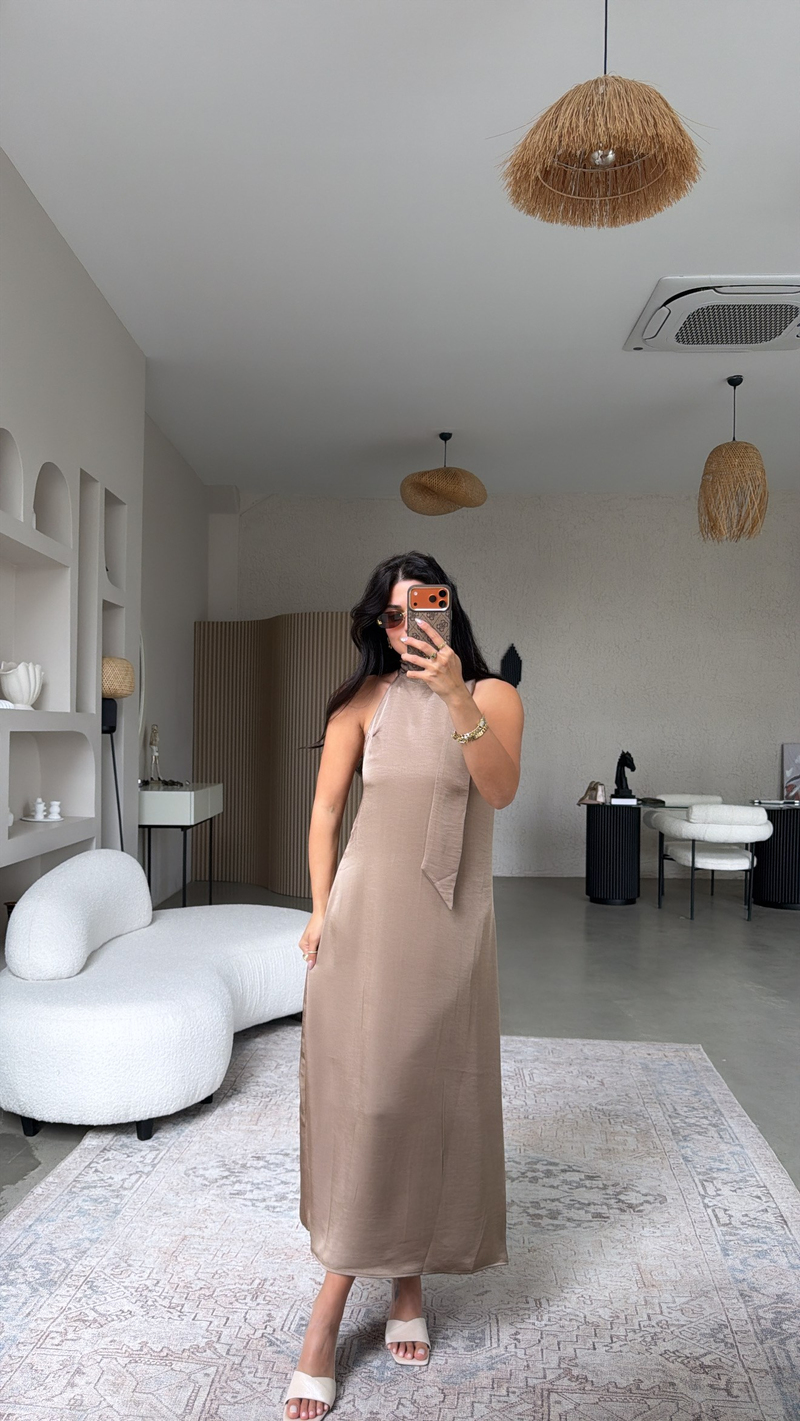 Vizon Tok Saten Boyun Bağlamalı Premium Elbise