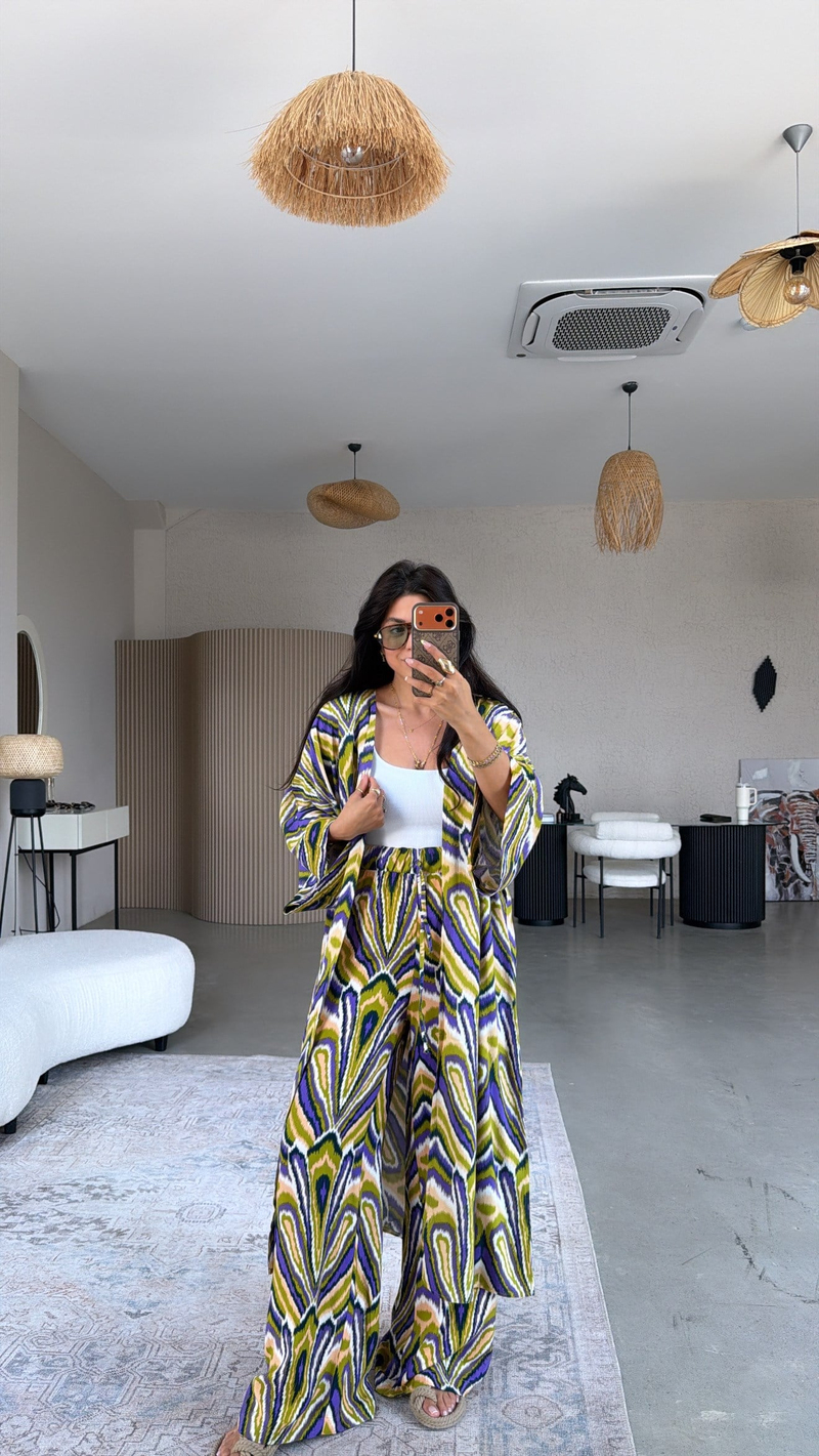 Yağ Yeşili Desenli Viskon Kimono Pantolon