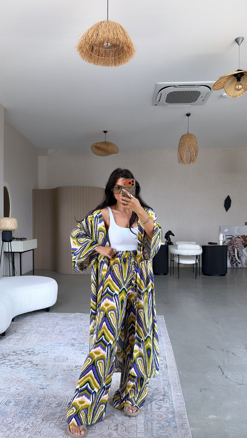 Yağ Yeşili Desenli Viskon Kimono Pantolon