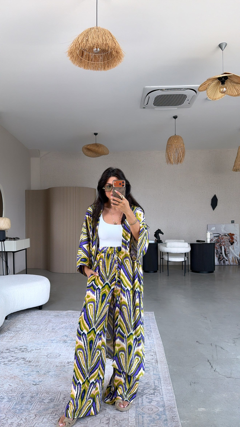 Yağ Yeşili Desenli Viskon Kimono Pantolon