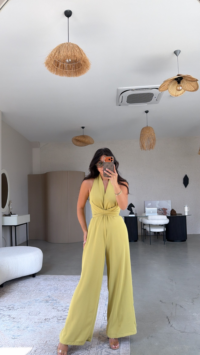 Yağ Yeşili Krep Kumaş Bağlamalı Premium Tulum