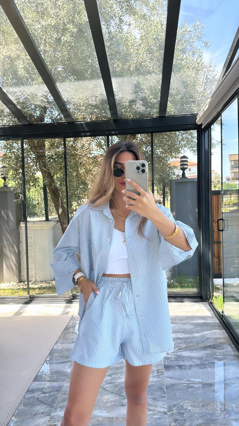 Yeşil Çizgili Poplin Şortlu Takım