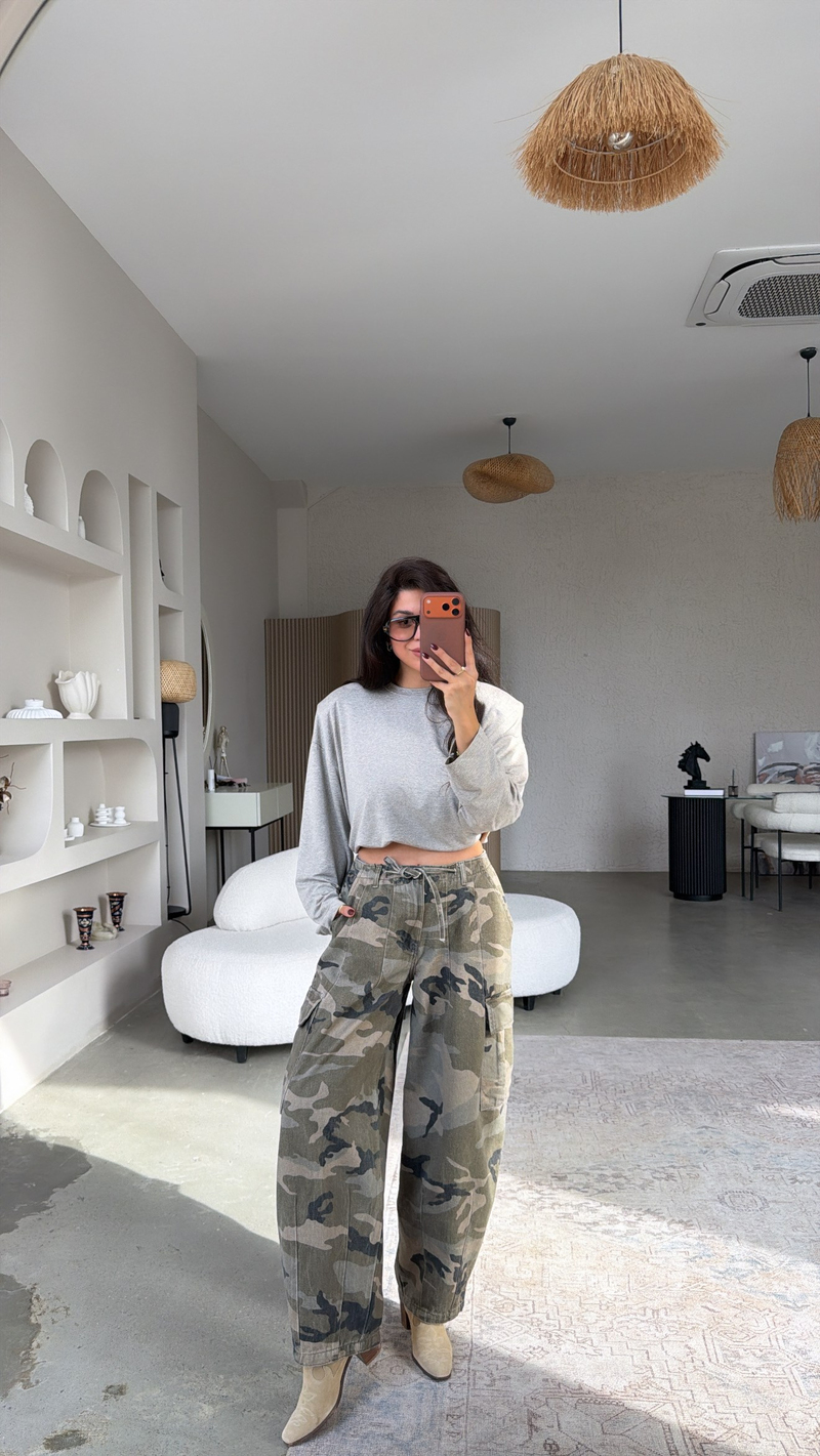 Yeşil Kamuflaj Desenli Denim Kargo Pantolon