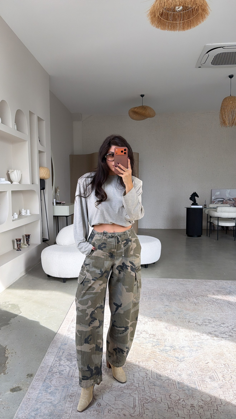 Yeşil Kamuflaj Desenli Denim Kargo Pantolon