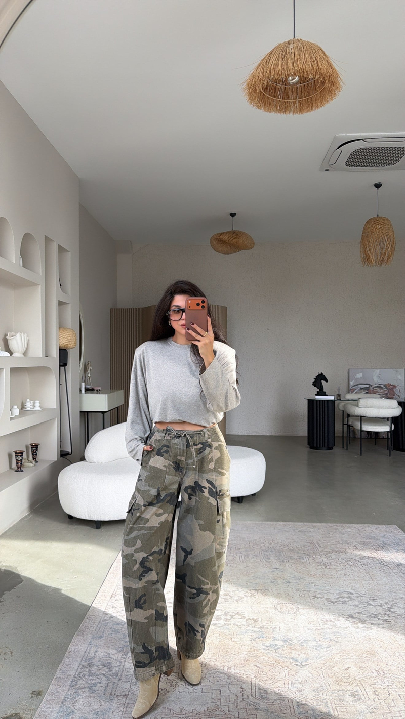 Yeşil Kamuflaj Desenli Denim Kargo Pantolon