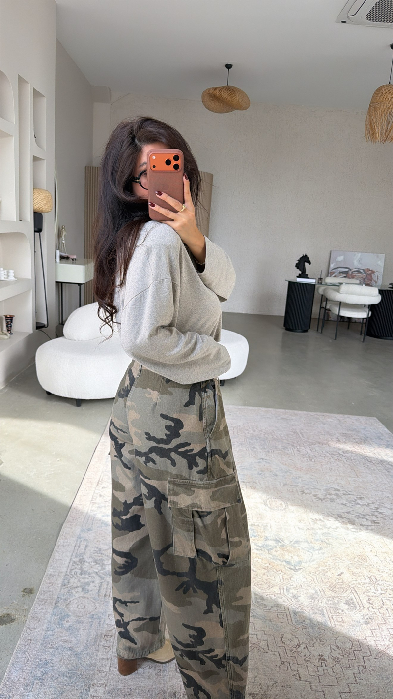 Yeşil Kamuflaj Desenli Denim Kargo Pantolon