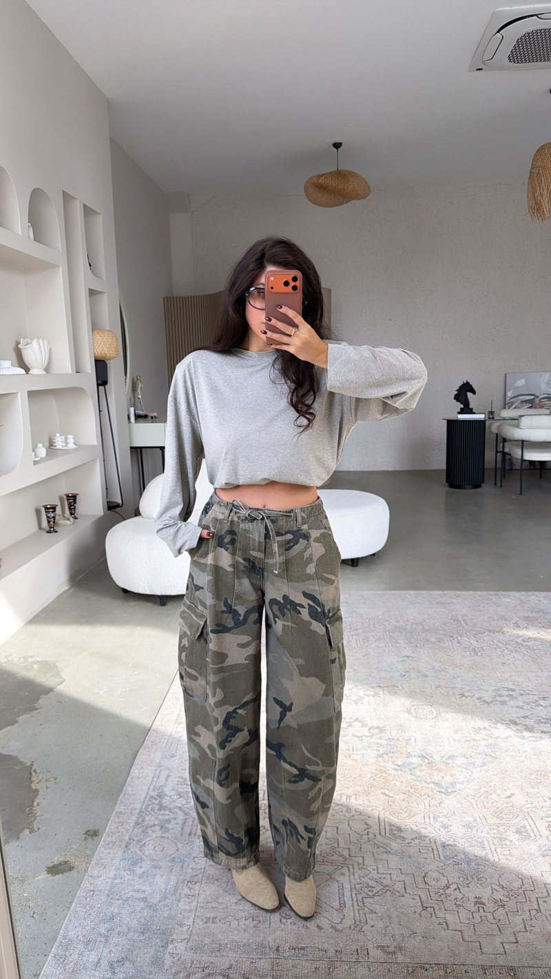 Yeşil Kamuflaj Desenli Denim Kargo Pantolon