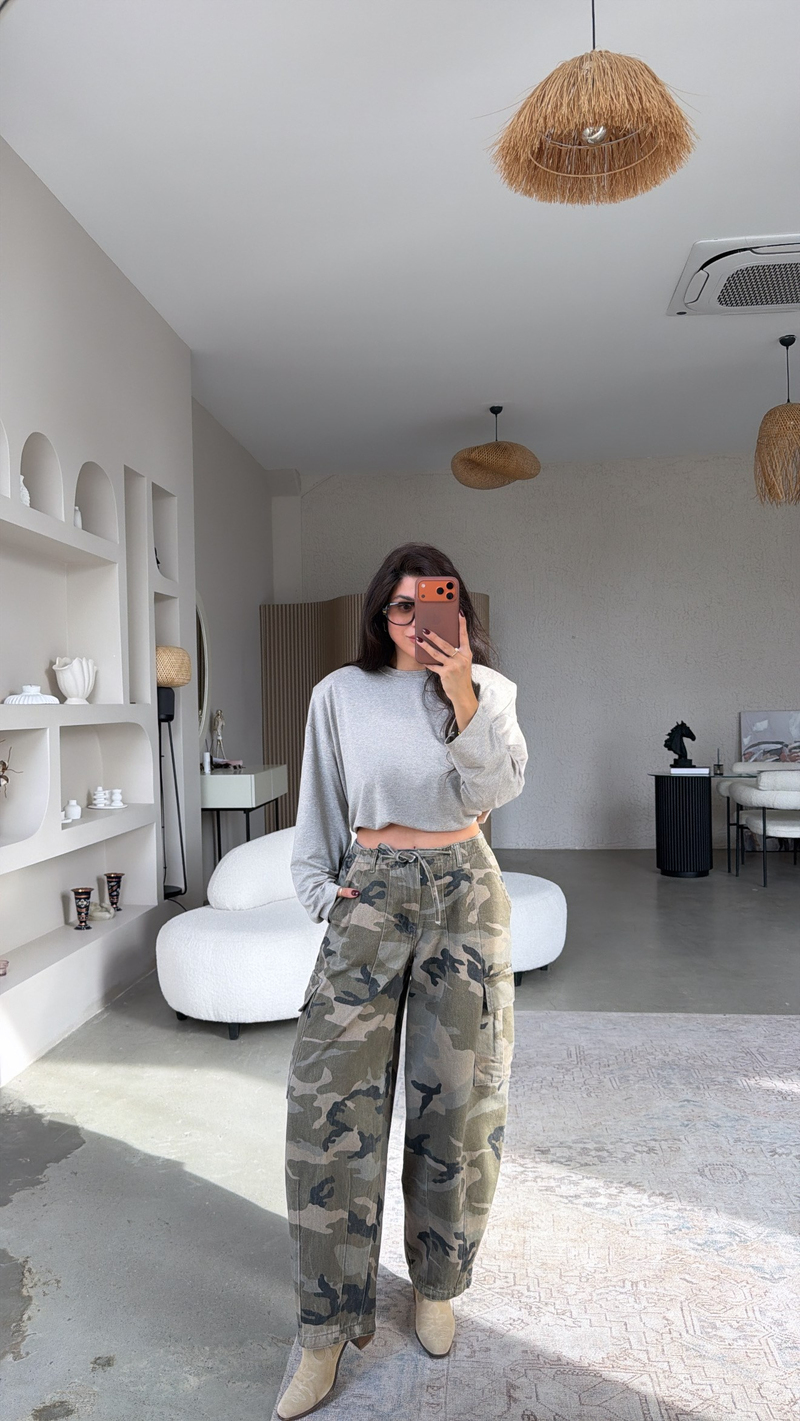 Yeşil Kamuflaj Desenli Denim Kargo Pantolon