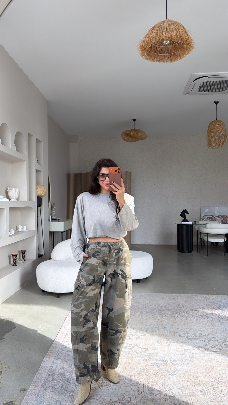 Yeşil Kamuflaj Desenli Denim Kargo Pantolon