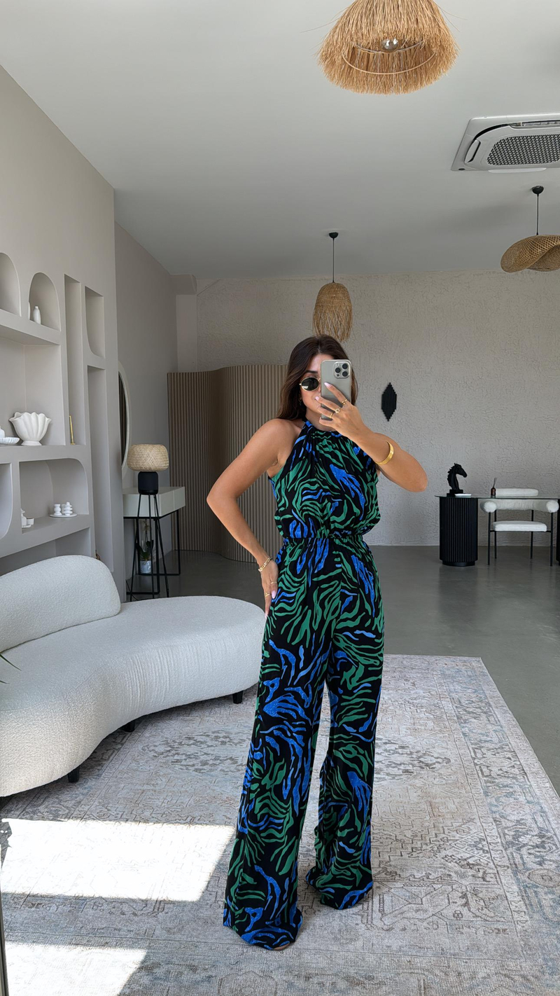 Yeşil Mavi Desenli Halter Yaka Tulum