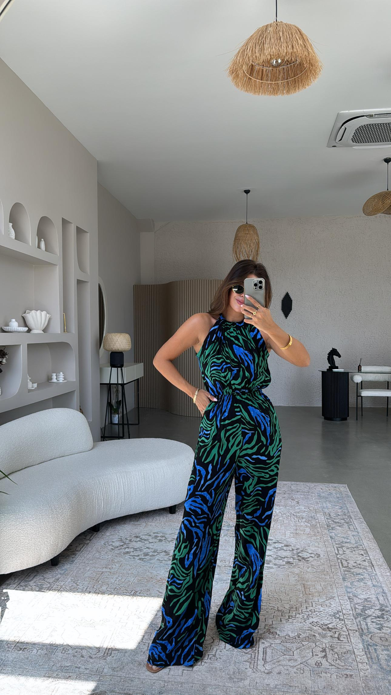 Yeşil Mavi Desenli Halter Yaka Tulum