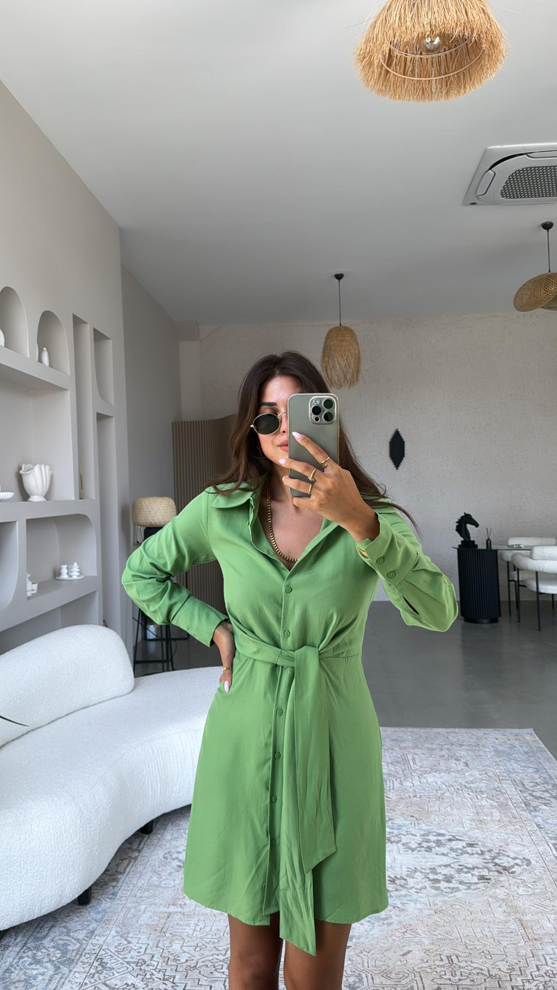 Yeşil MNG Bağlamalı Gömlek Elbise