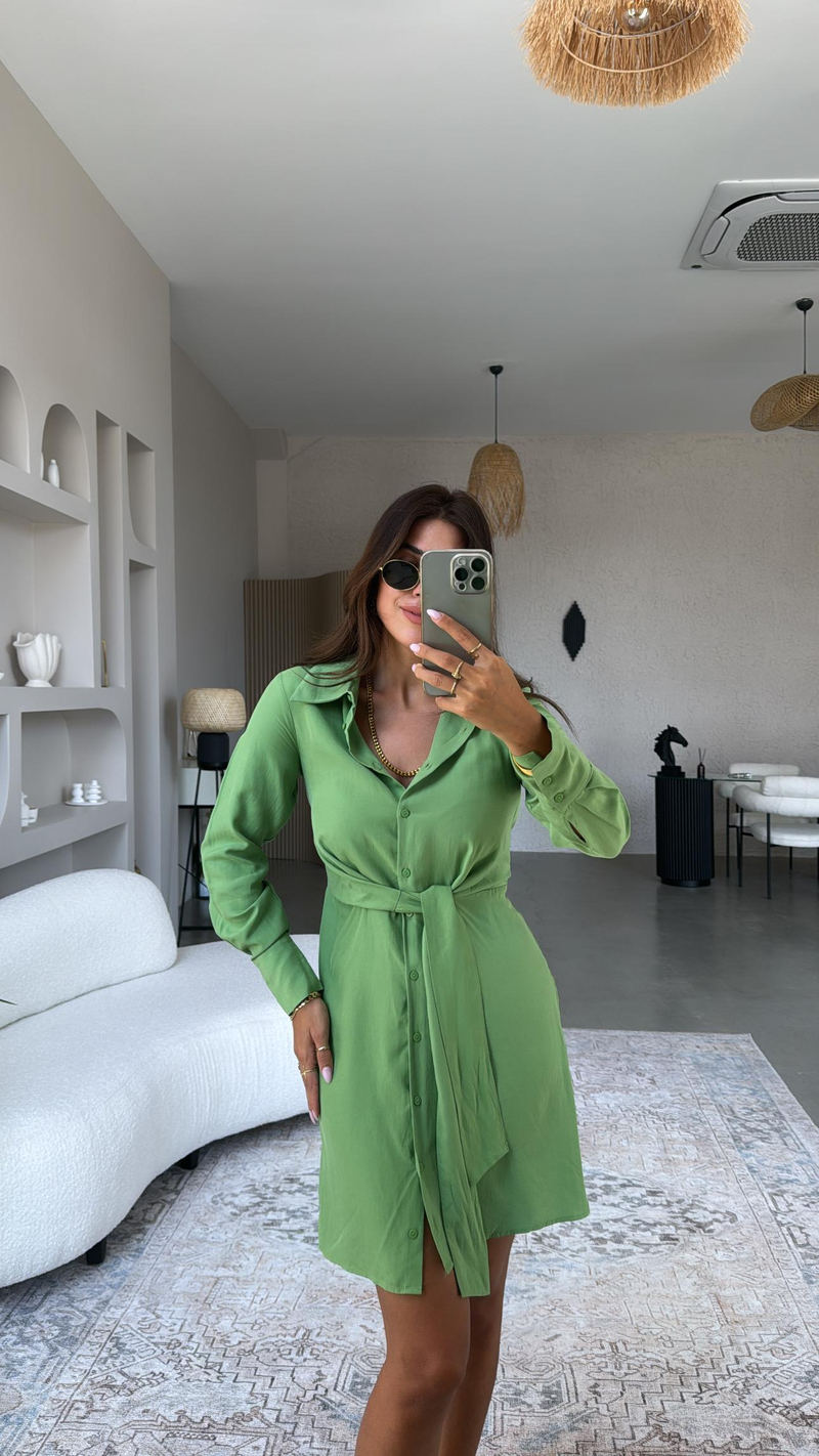 Yeşil MNG Bağlamalı Gömlek Elbise