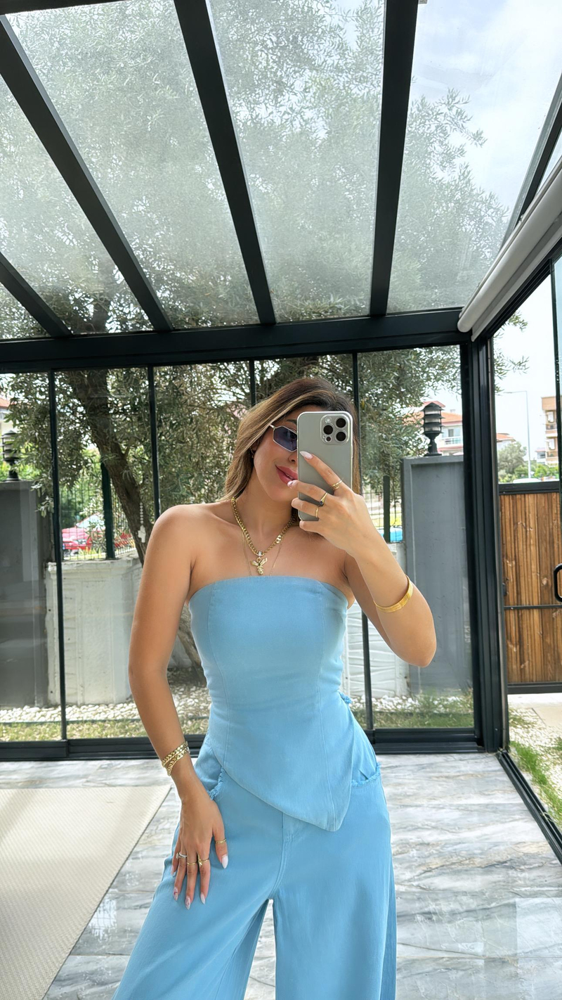 Yıkamalı Straplez Bluz Pantolon Takım