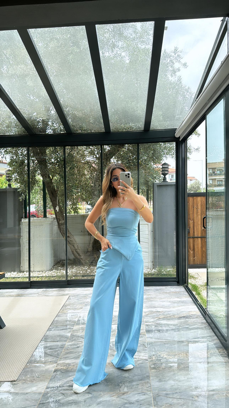 Yıkamalı Straplez Bluz Pantolon Takım