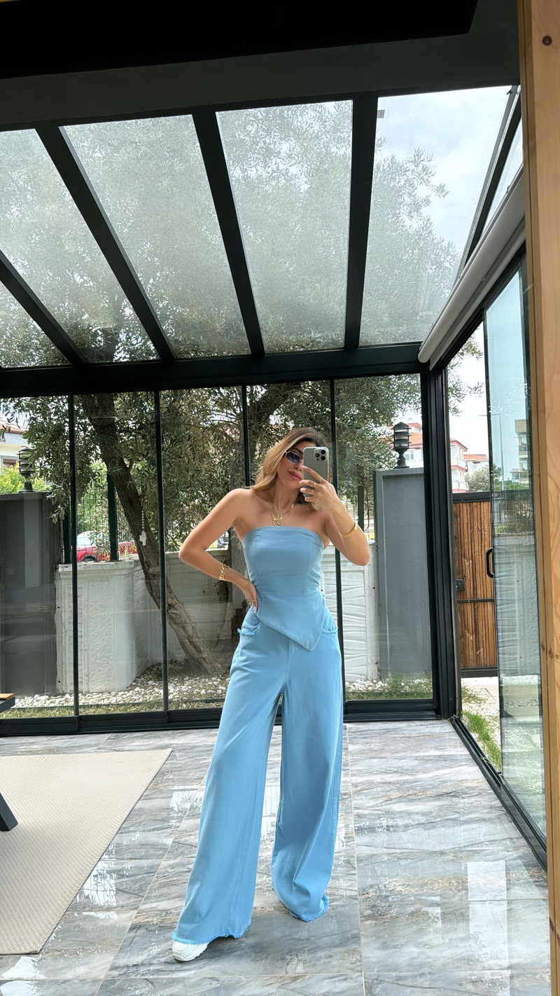 Yıkamalı Straplez Bluz Pantolon Takım