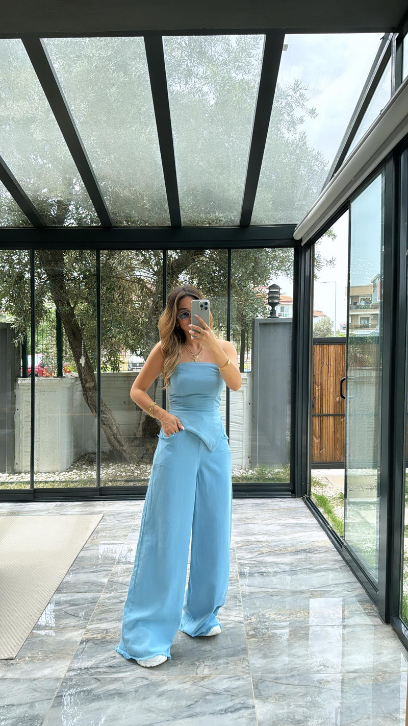 Yıkamalı Straplez Bluz Pantolon Takım