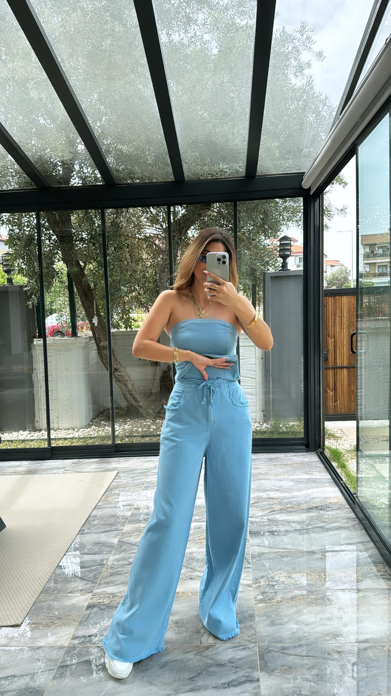 Yıkamalı Straplez Bluz Pantolon Takım