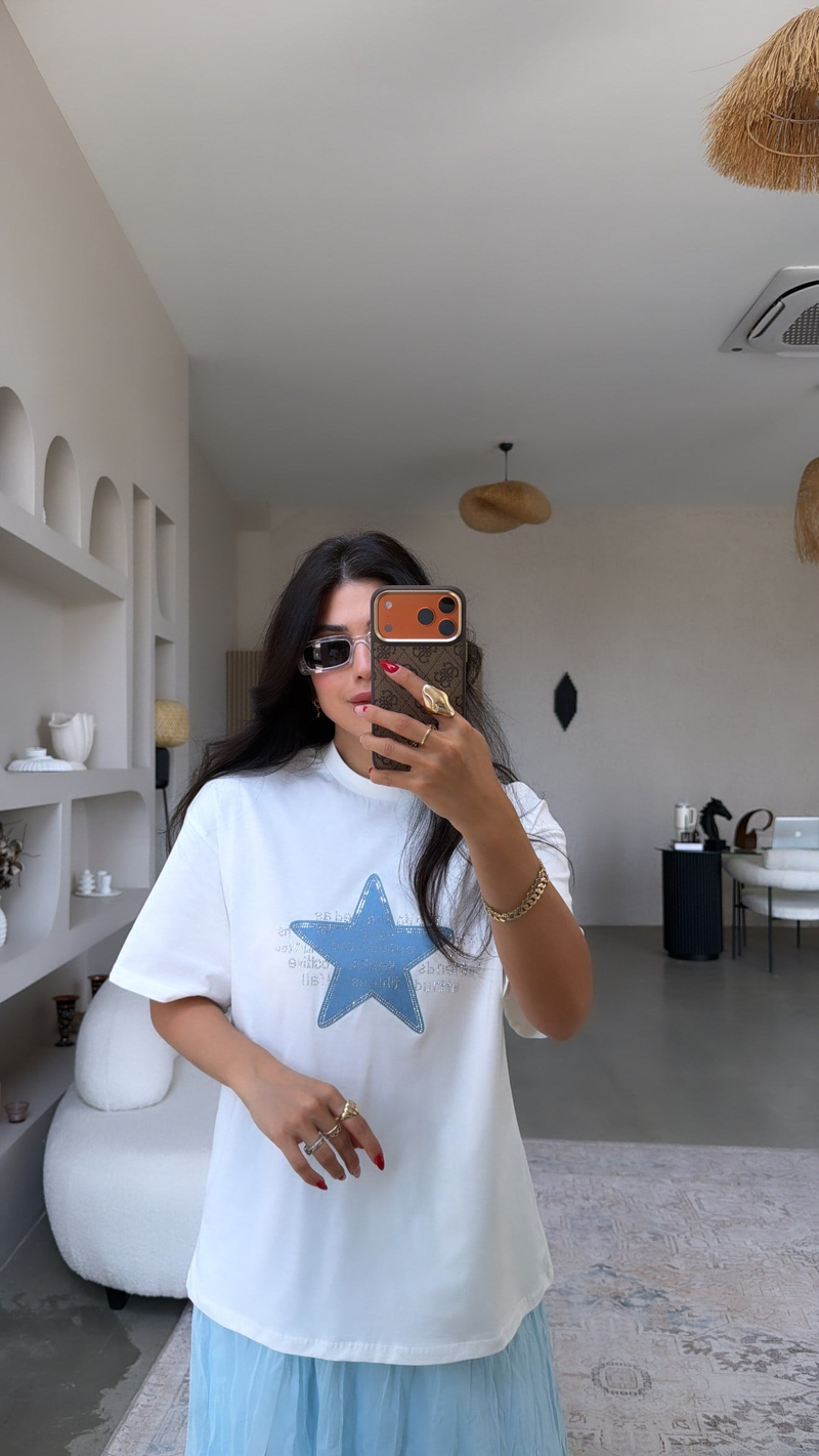 Yıldız Baskılı Taşlı Pamuk Tshirt