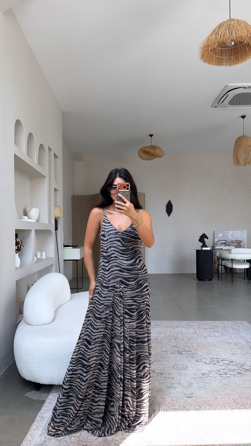 Zebra Desenli Tül İçi Maxi Astarlı Dökümlü Elbise